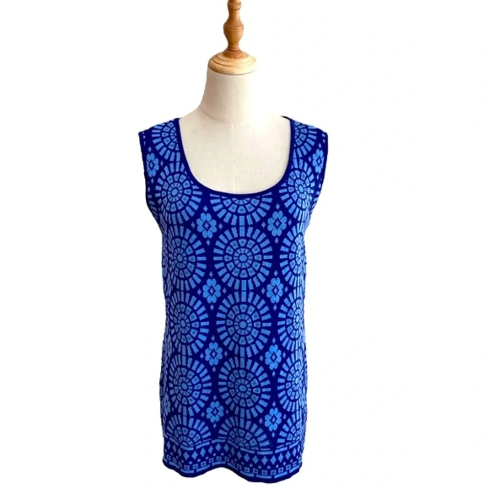 Misook Classic Knit Blue Geometric Sleeveless Top Size XL